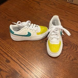 Blinged- Nike Kids White Sneakers with Yellow Toe and Teal Swoosh